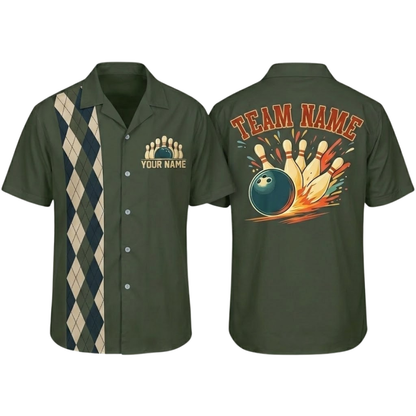 Custom Argyle Retro Navy Bowling Hawaiian Shirt Mens, Custom Team Retro Bowling Shirt BZ0797