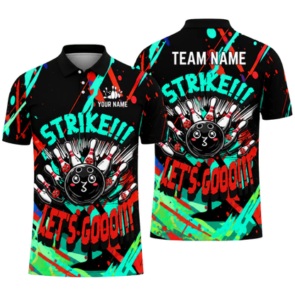 Strike Let's Go Custom Funny Pins And Ball Graffiti Bowling Mens Polo Shirt, Custom Funny Bowling Team Shirts BZ0477