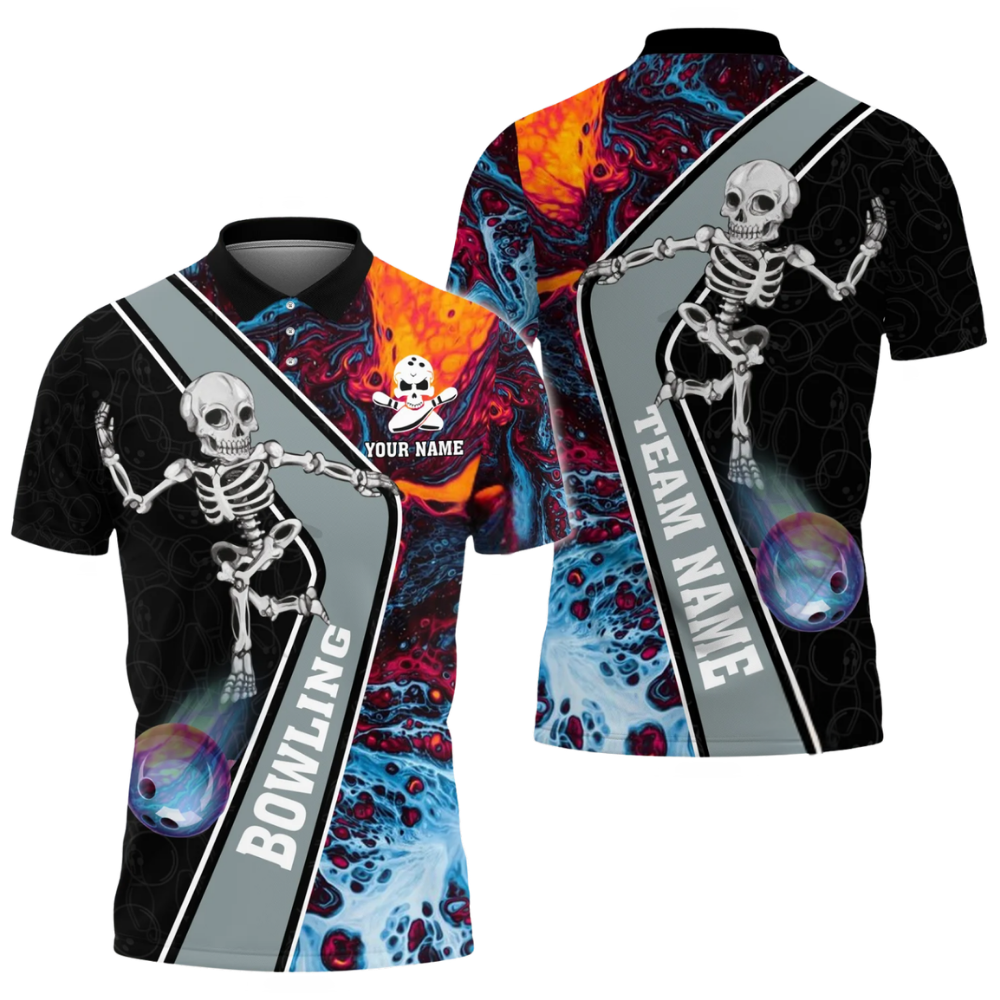 Custom Skeleton Flame Bowling Mens Polo Shirt, Custom Skull Bowling Team Shirts BZ0649