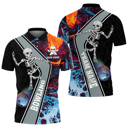 Custom Skeleton Flame Bowling Mens Polo Shirt, Custom Skull Bowling Team Shirts BZ0649