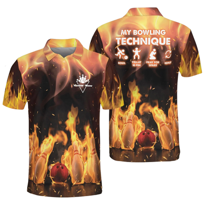 My Bowling Technique Custom Blue Red Flame Polo Shirt For Men, Custom Funny Flame Bowling Shirts BZ0497