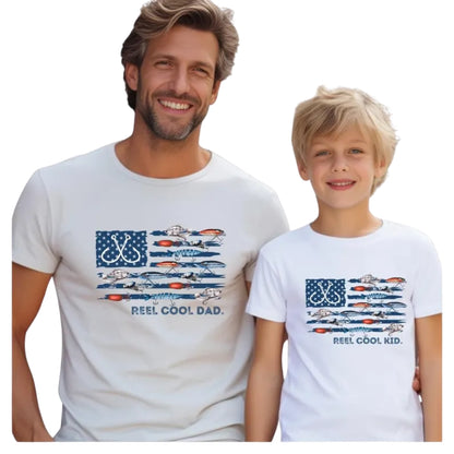 Reel Cool Dad Reel Cool Kid USA Flag Fishing Matching Shirt For Father Son, Daddy And Me Fishing Matching Shirts ET1000