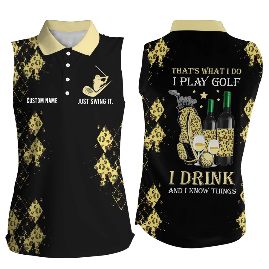 Personalized leopard Women sleeveless polo shirt multicolor, funny golf wine That's what I do, I play golf drink SO1345
