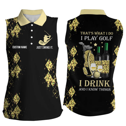 Personalized leopard Women sleeveless polo shirt multicolor, funny golf wine That's what I do, I play golf drink SO1345