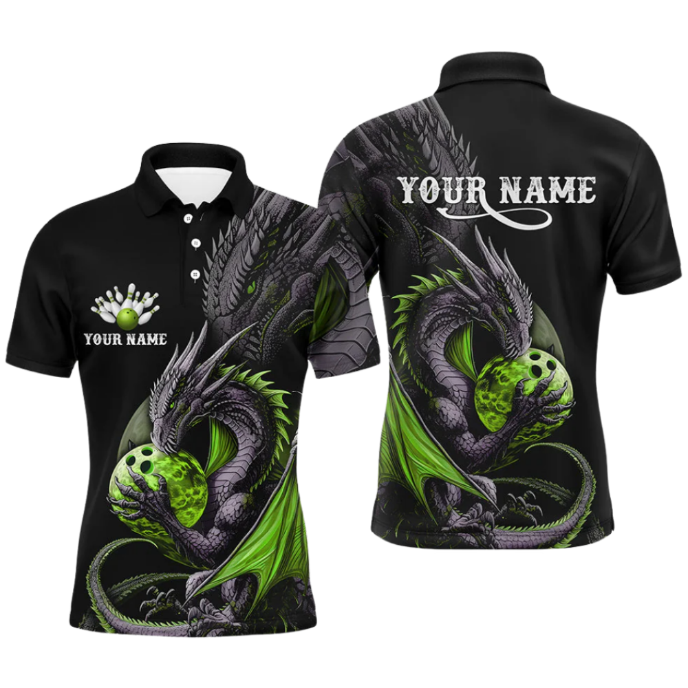 Custom Dragon Mens Bowling Polo Shirt, Black And Red Custom Dragon Bowling Shirt BZ0639