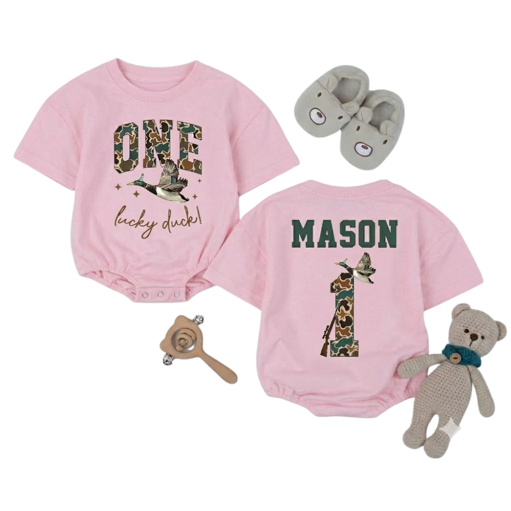 Custom One Lucky Duck Birthday Baby T Shirt Romper, Custom Duck Hunting 1st Birthday Baby Romper BB0268