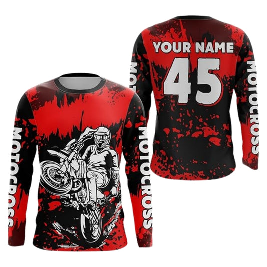 Custom Black Red Rider Motocross Long Sleeve Jersey Mens, Custom Name And Number Dirt Bike Shirts MZ0006