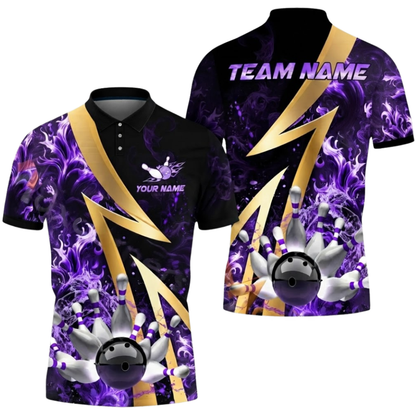 Blue Flame Custom Mens 3D Bowling Polo Shirt, Custom Flame Bowling Team Shirts BZ0557