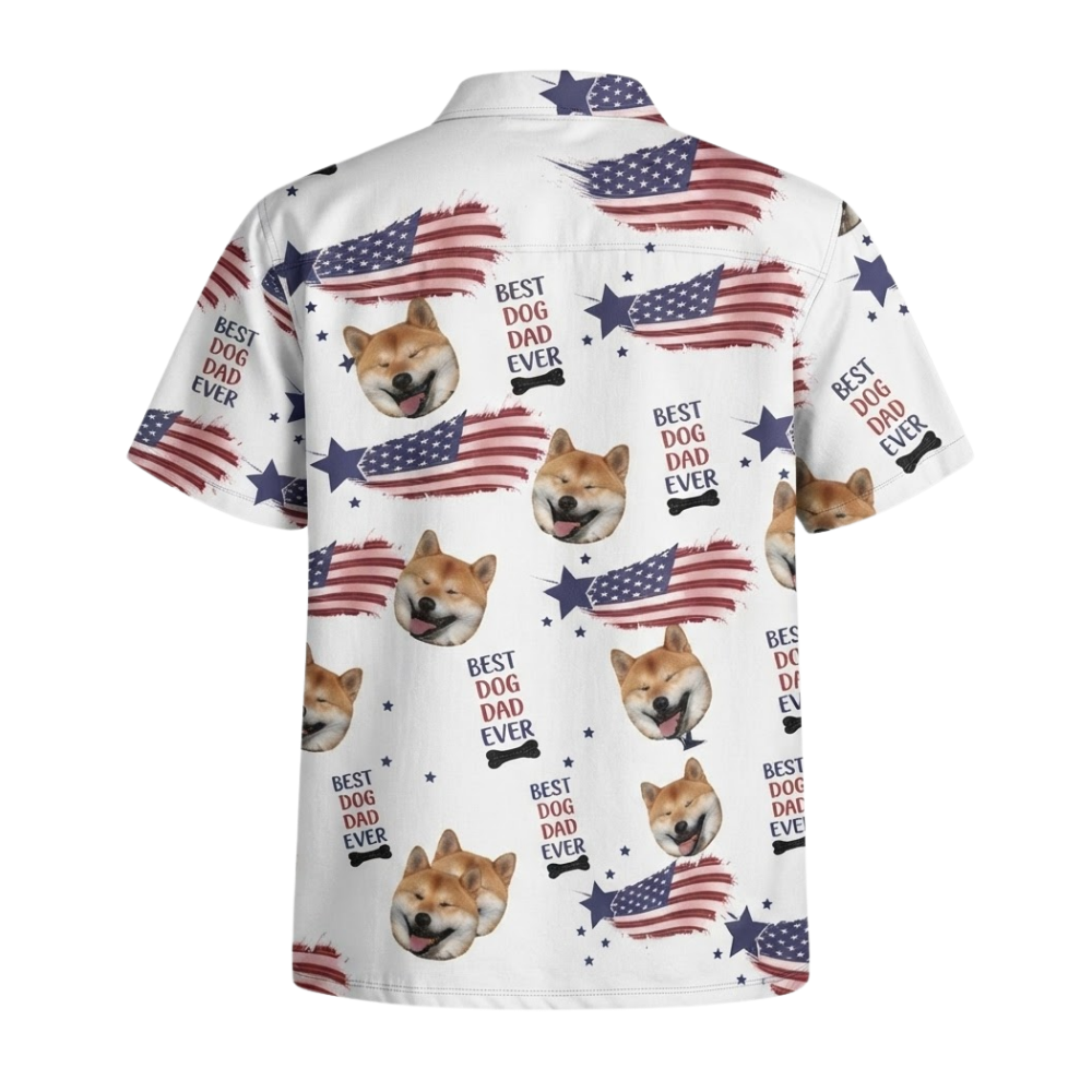 Best Dog Dad Ever Custom Dog Face USA Flag Hawaiian Shirt, Custom Pet Photo Hawaiian Shirt For Dad HE0520