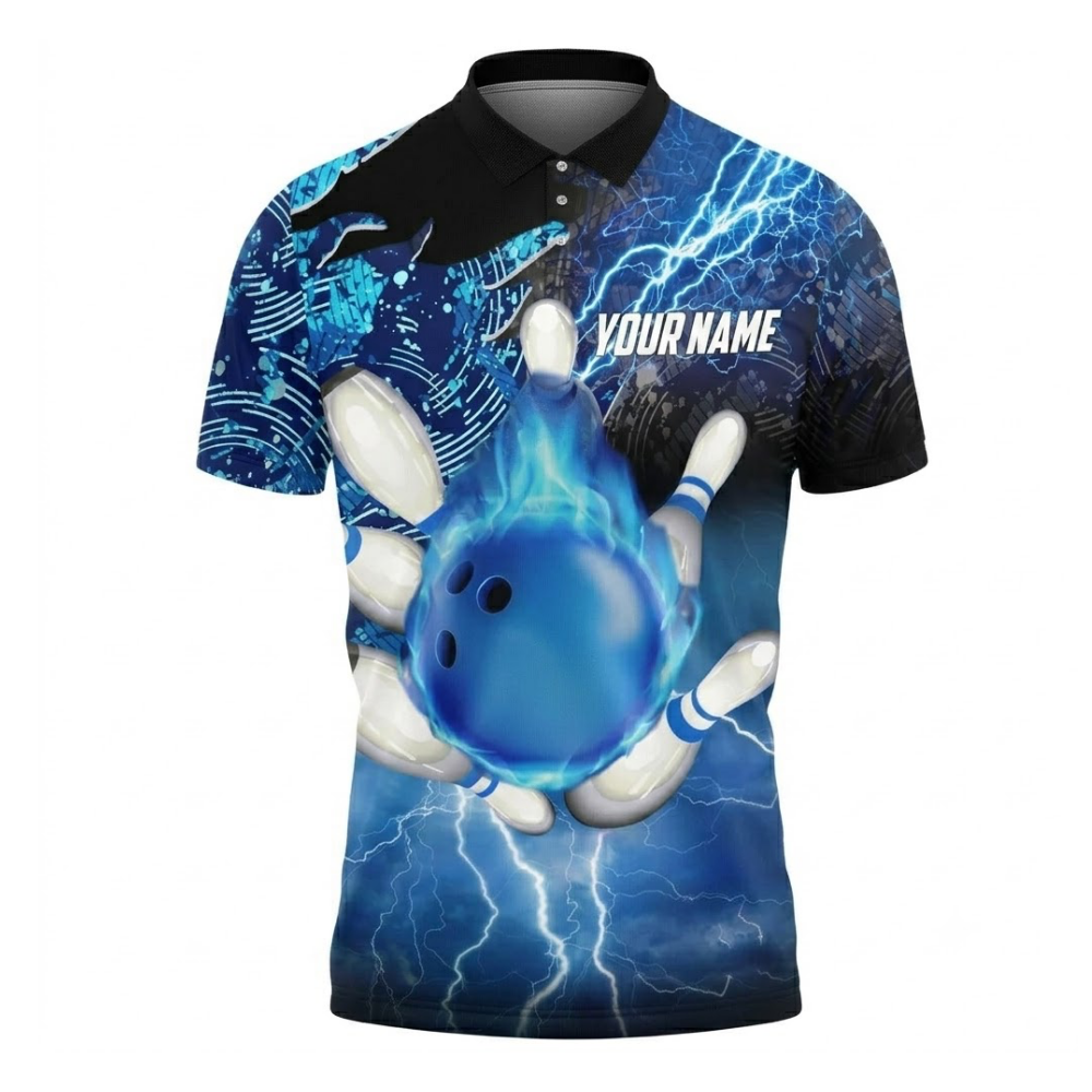 Blue Flaming Custom Bowling Polo Shirt For Men, Custom Flame Bowling Shirts Team BZ0734