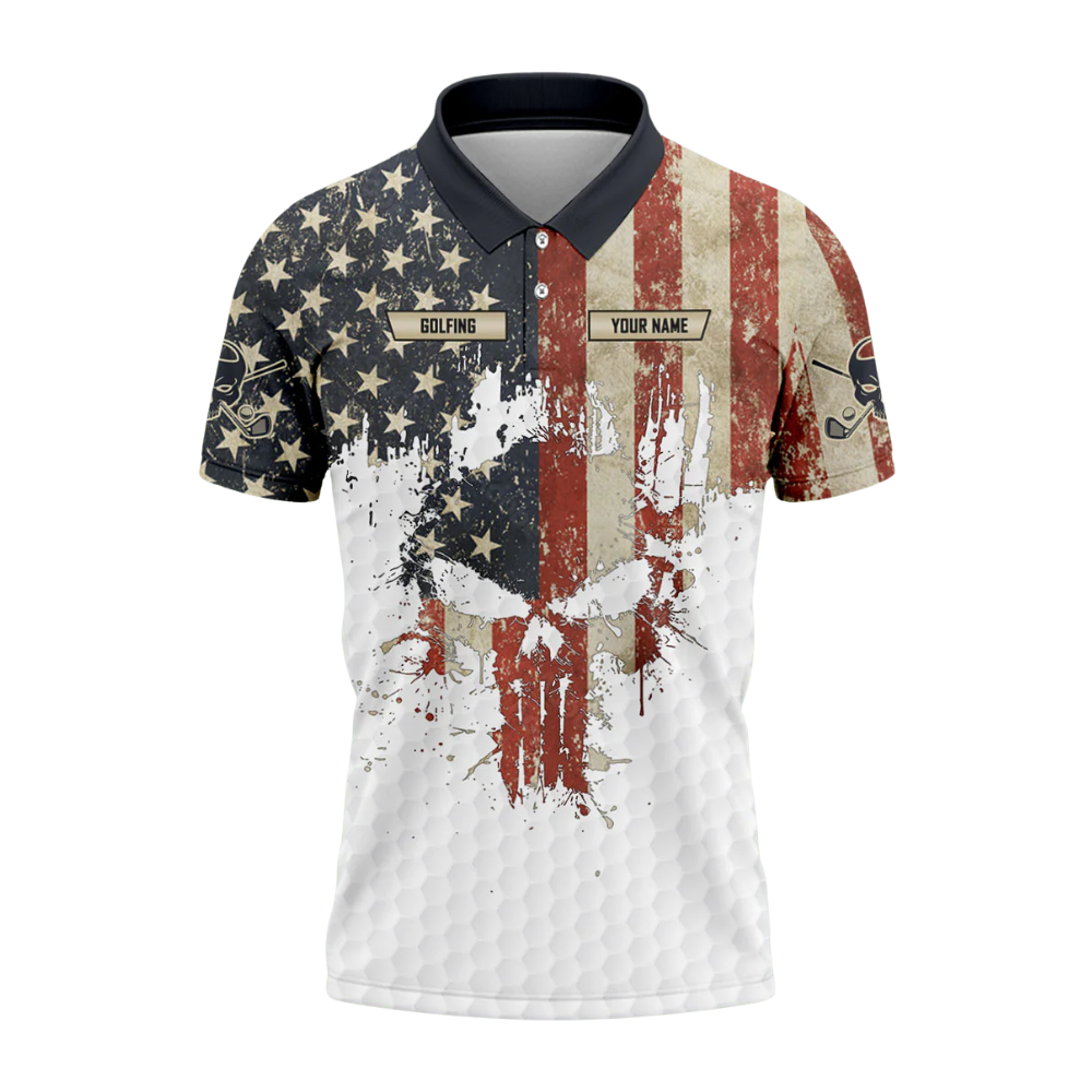 Golf Saved Me From Being A Pornstar Now I'm Just A Swinger Custom Skull USA Flag Vintage Golf Polo Shirt Men, Custom Funny Patriot Golf Shirt GZ0289