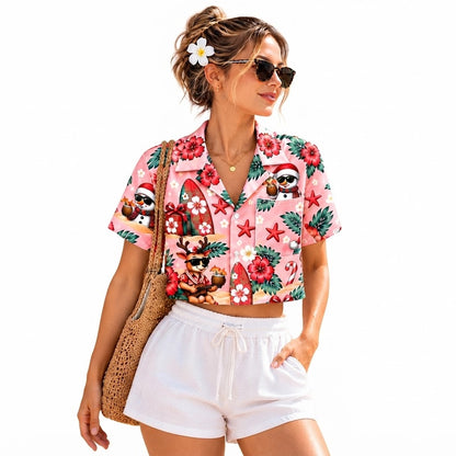 Tropical Santa Pink Hawaiian Shirt For Women, Funny Christmas Hawaiian Shirt With Pocket HE0873