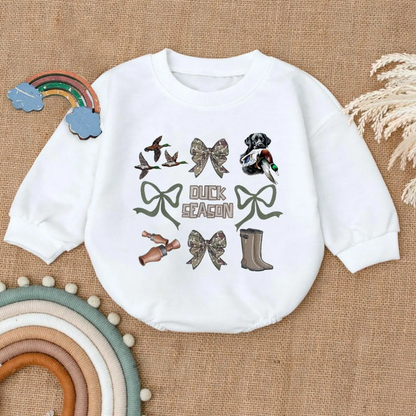Duck Season Camo Coquette Bow Baby Romper Sweatshirt, Baby Duck Hunting Romper Sweatshirt BB0119