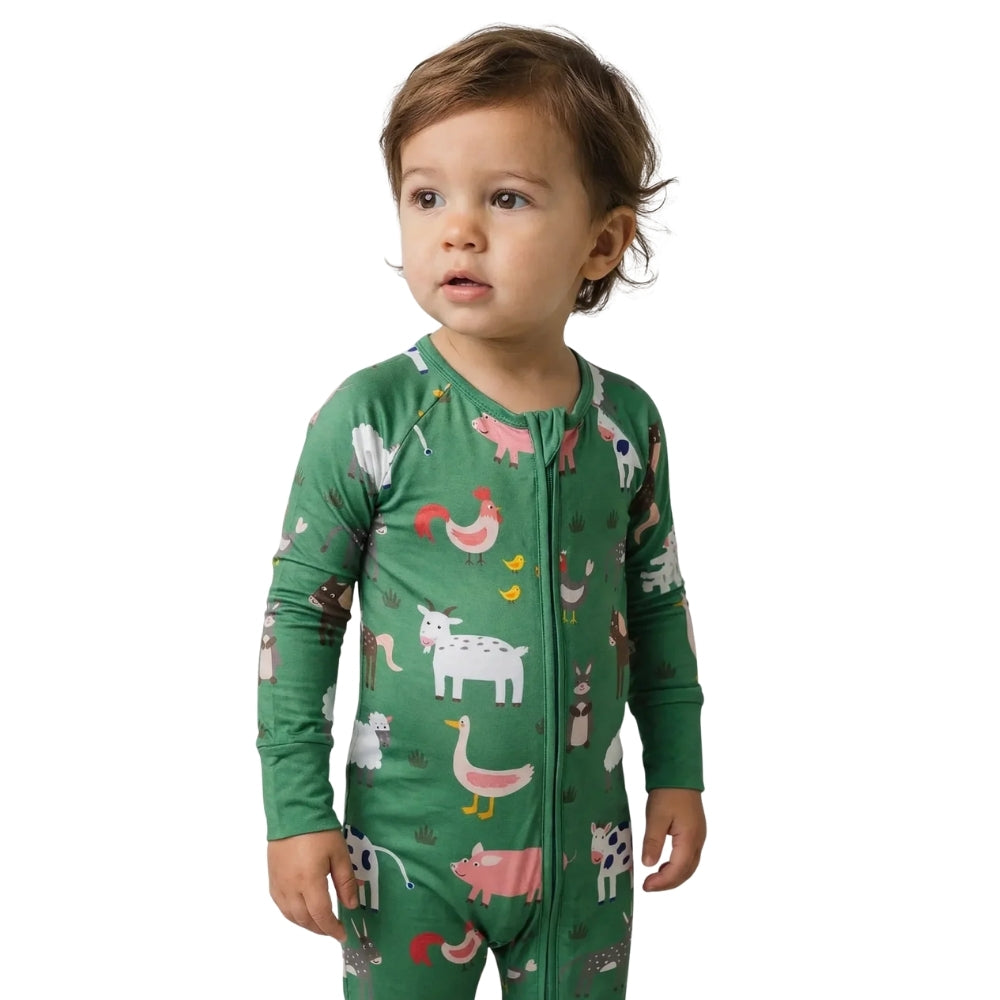 Farm Animal Green Baby Convertible Zipper Romper, Animal Farm Baby Romper Convertible BB0659