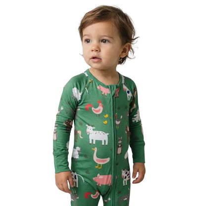 Farm Animal Green Baby Convertible Zipper Romper, Animal Farm Baby Romper Convertible BB0659