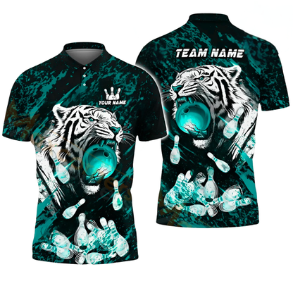 Custom Tiger Flame Ball Bowling Mens Polo Shirt, Custom Tiger Bowling Team Shirts BZ0529