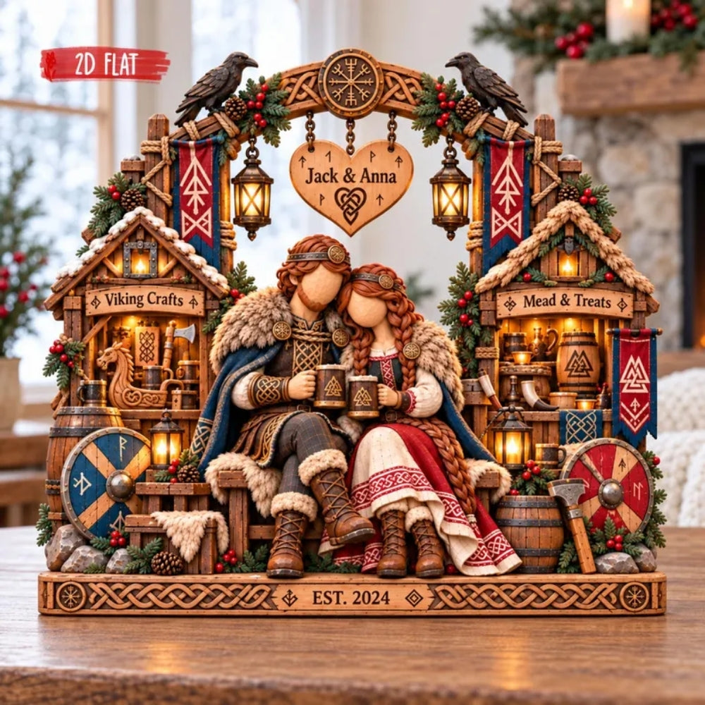 Viking Couple Custom Name Layer Wooden Plaque, Personalized Nordic Weeding Keepsake Wooden Block WD0938