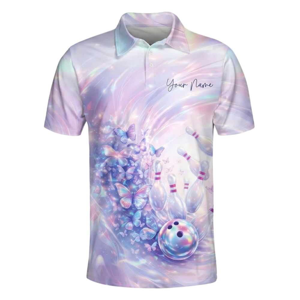 Women's Custom Butterfly Hologram Bowling Polo Shirt, Custom Butterfly Bowling Team Shirts For Ladies BZ0498