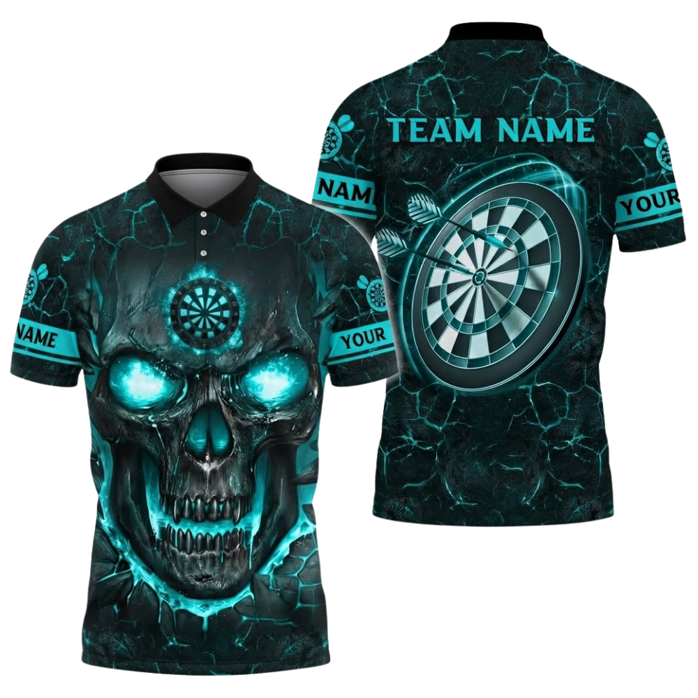 Custom Skull Magma Mens Dart Polo Shirt Black Blue, Custom Skull Darts Team Shirt DZ0139