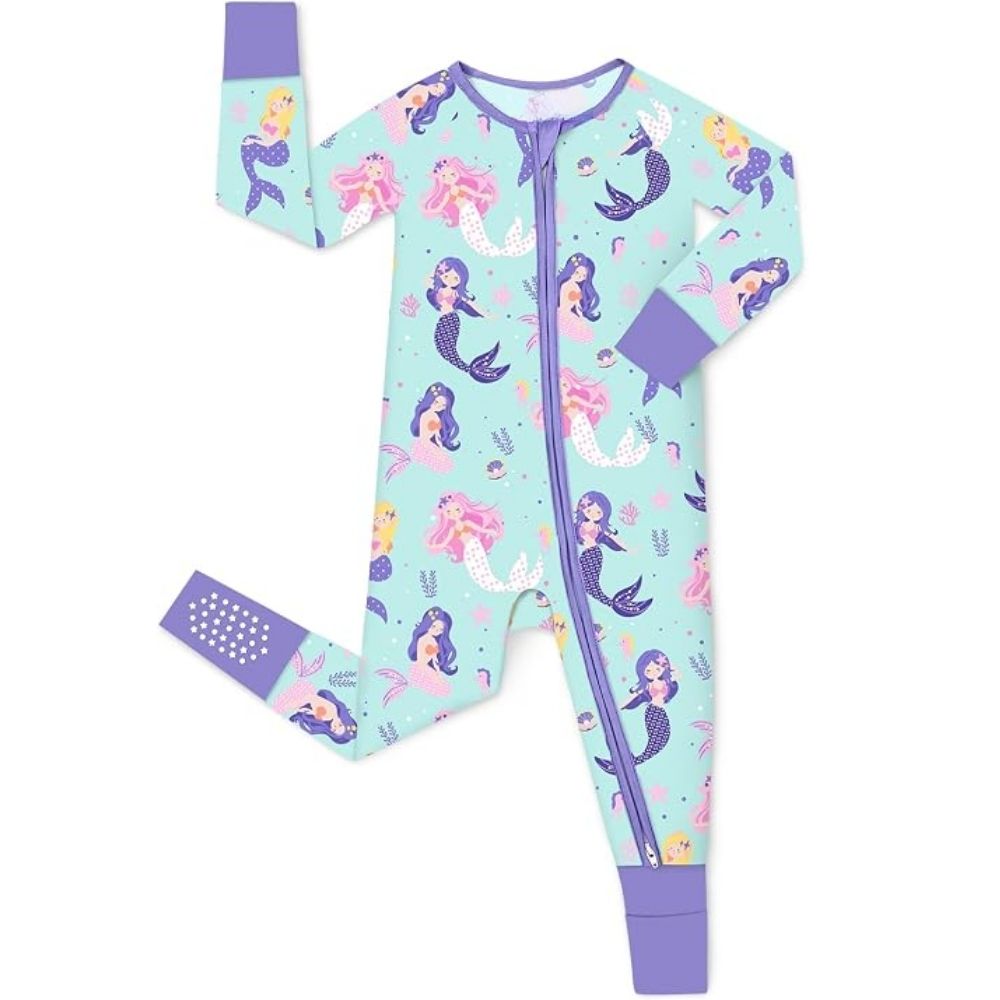 Mermaid Blue Baby Girl Convertible Zip Romper, Mermaid Convertible Romper For Baby BB0377