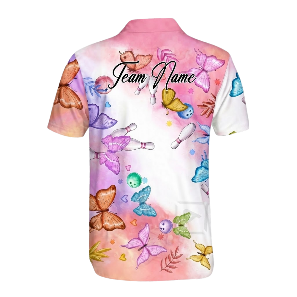 Custom Mens Butterflies Bowling Polo Shirt, Custom Butterfly Bowling Team Shirt Pink White BZ0566