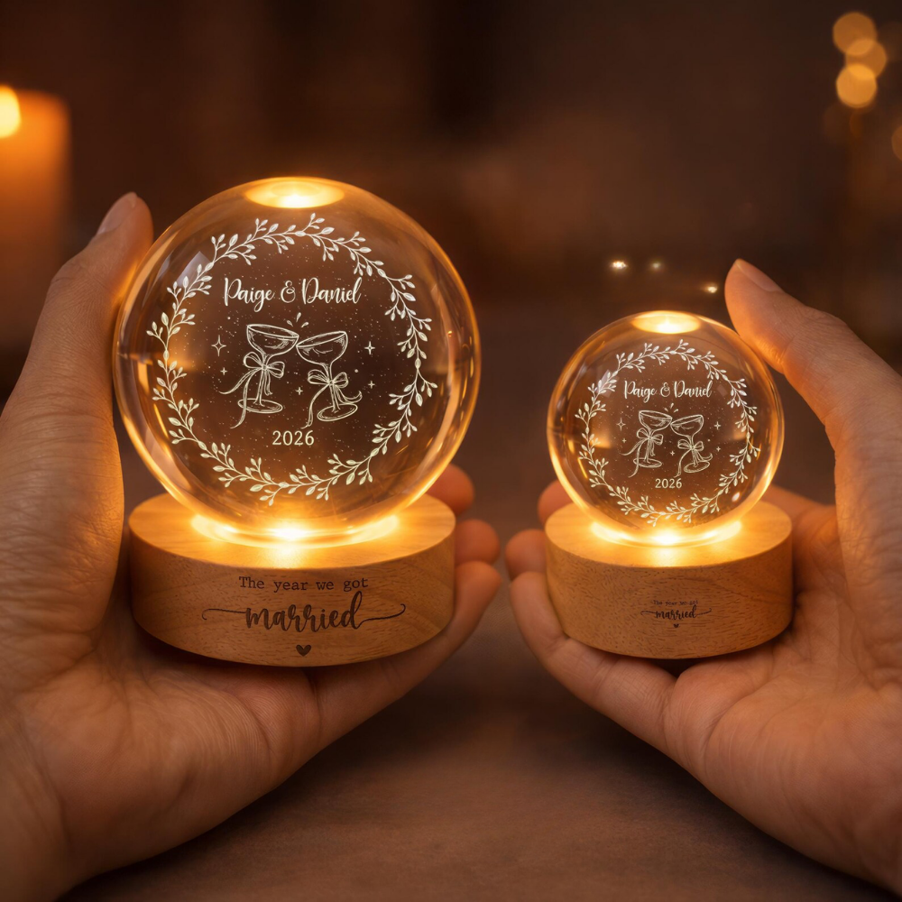 The Year We Got Married Custom Engaged Year Crystal Ball Led Night Light, Custom Engagement Night Light For Newly Couple WD0865