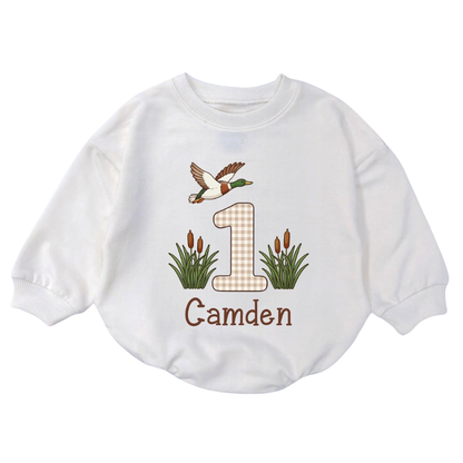 Custom One Mallard Duck Baby Romper Sweatshirt, Custom First Birthday Mallard Duck Baby Romper Sweatshirt BB0852