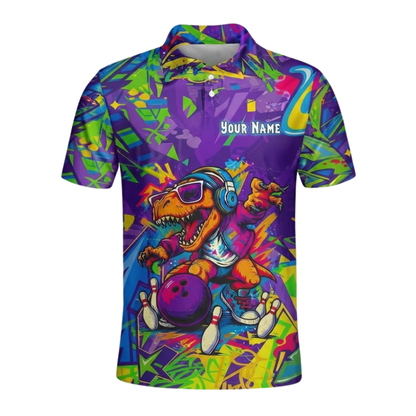 Custom T-Rex Dinosaur Graffiti Bowling Mens Polo Shirt, Custom Dinosaur Bowling Shirt For Team BZ0934