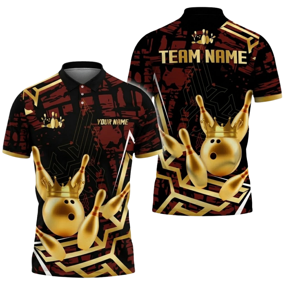 Golden Pins And Ball Custom Mens Bowling Polo Shirt, Custom Team Bowling Shirts BZ0752