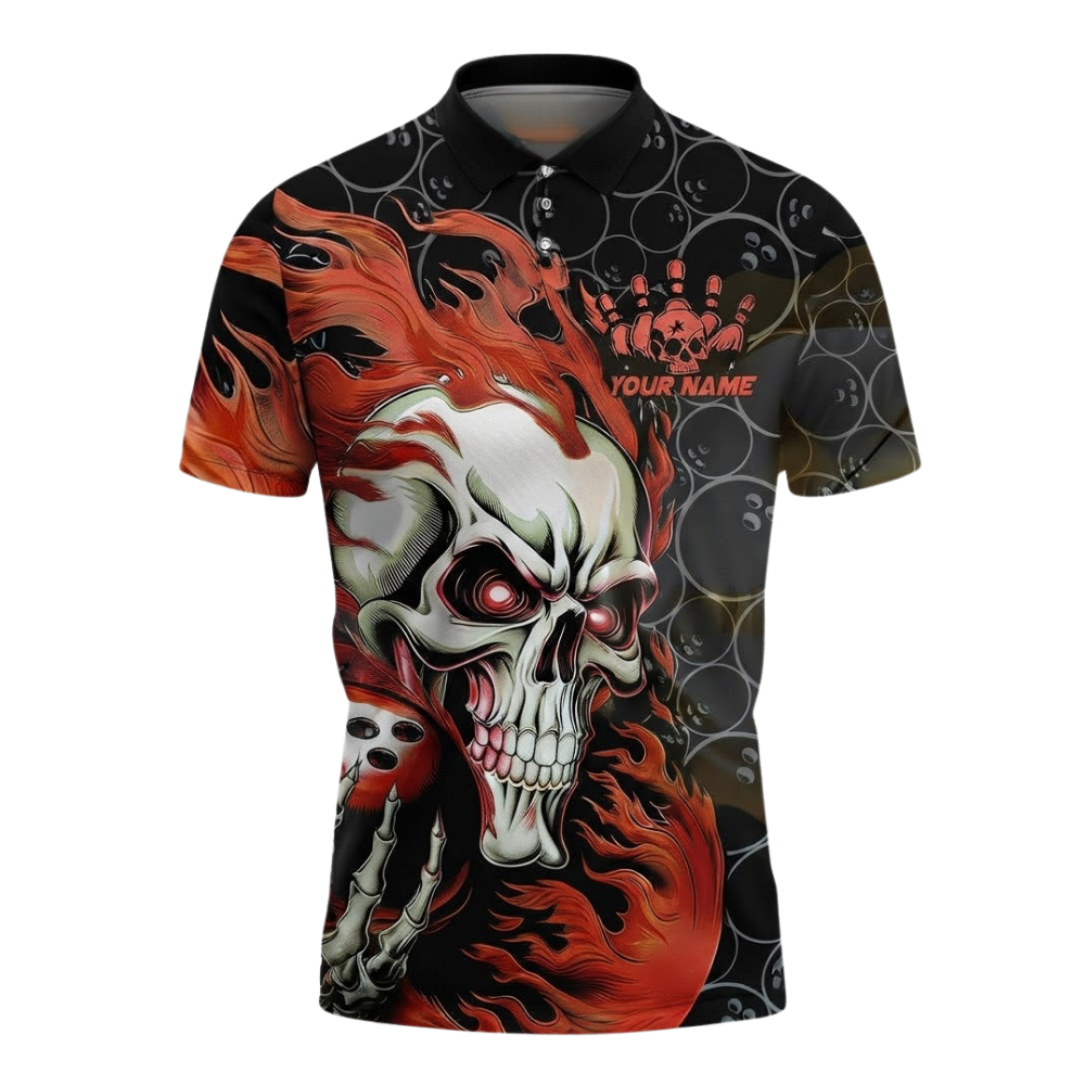 Custom Skull Mens Black Red Bowling Polo Shirt, Custom Skull Flame Bowling Shirts Team BZ0597