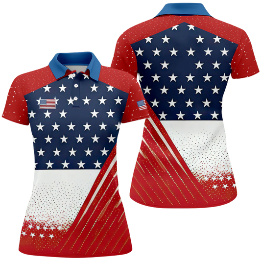 Red White Blue American Flag Women's Golf Polo Shirt, Patriotic 4th Of July Golf Shirt Women GZ0313
