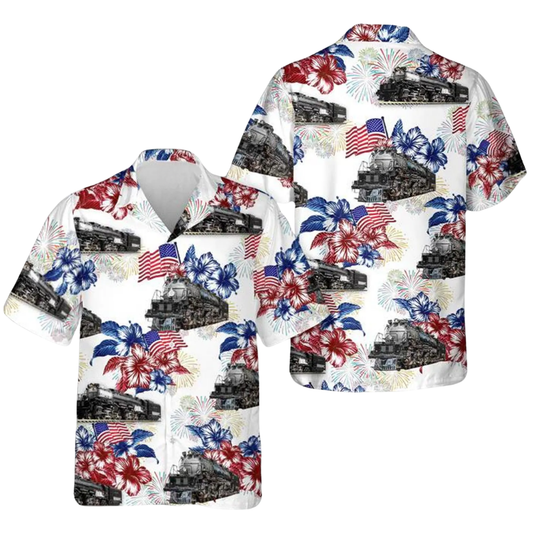 Steam Train USA Flag Floral Hawaiian Shirt For Men Women, Tropical Steam Train Hawaiian Shirts HE0542