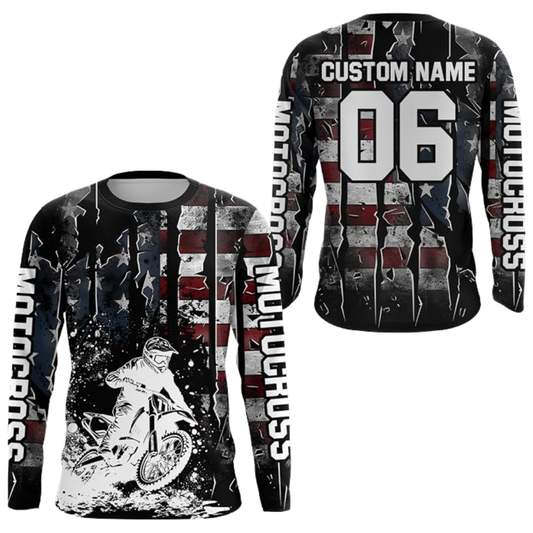 Custom American Flag Grunge Biker Motocross Long Sleeve Men Jersey, Custom Patriotic Racing Motocross Shirt MZ0119