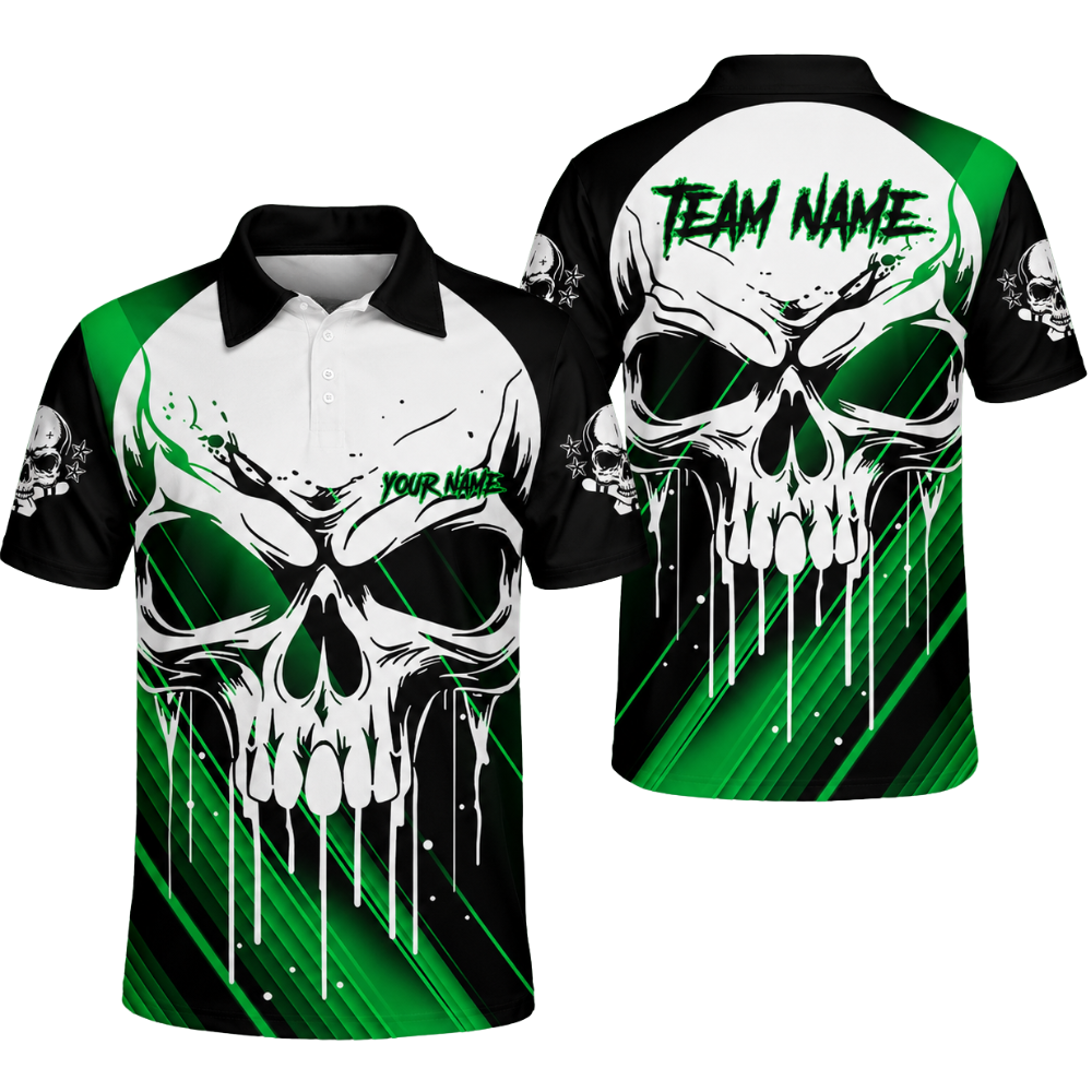 Custom Skull Men's Black Blue Bowling Polo Shirt, Custom Team Skull Bowling Shirts BZ0469