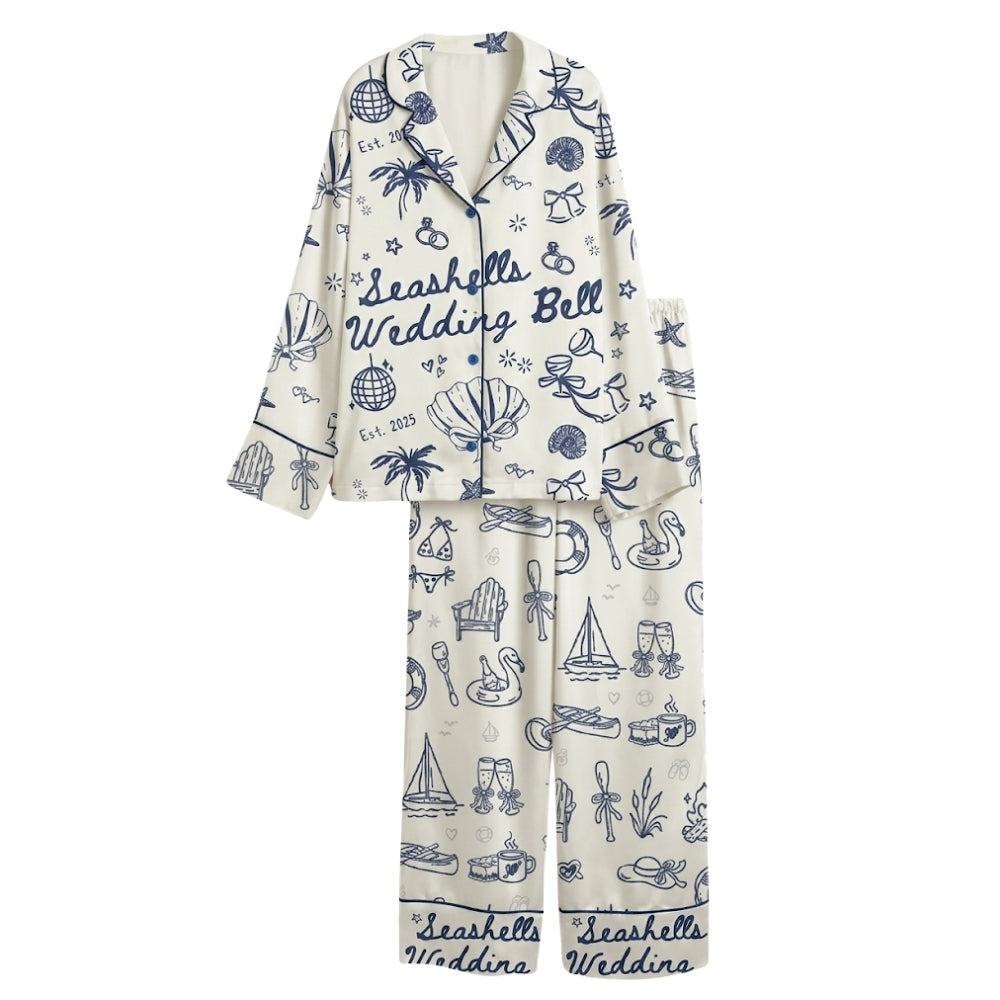 Seashells Wedding Bells Custom Year Bride Bridesmaid Pajamas Set For Bachelorette Party, Custom Beach Bachelorette Pajamas WD0188