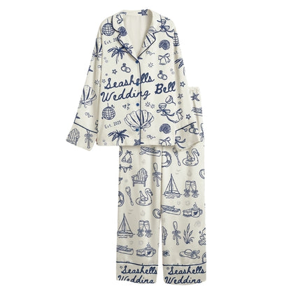 Seashells Wedding Bells Custom Year Bride Bridesmaid Pajamas Set For Bachelorette Party, Custom Beach Bachelorette Pajamas WD0188