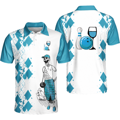 Bowling And Wine That's Why I'm Here Custom Skeleton Argyle Yellow Bowling Polo Shirt Men, Custom Wine Bowling Team Shirt BZ0470