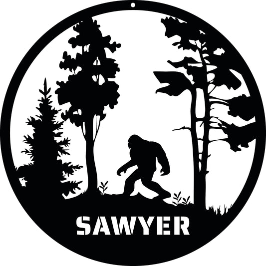 Bigfoot Personalized Family Name Sign - Custom Metal Sasquatch Wall Sign Wall Art Customized with Name - Indoor or Outdoor Door Hanger Sign CN3048