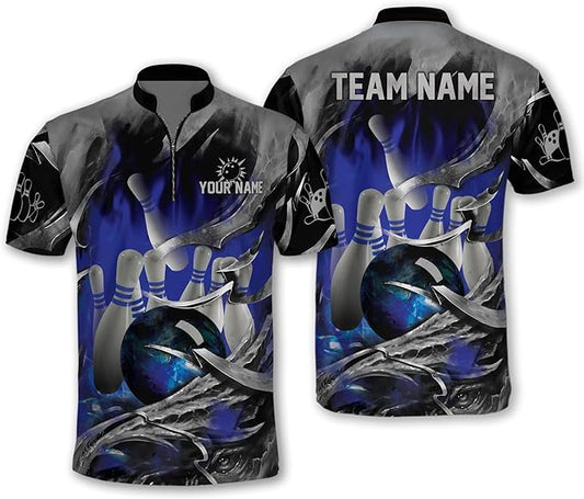 Custom Team Blue Flame Bowling Jerseys Shirt For Men, Custom Flame Bowling Team Shirts BM0287