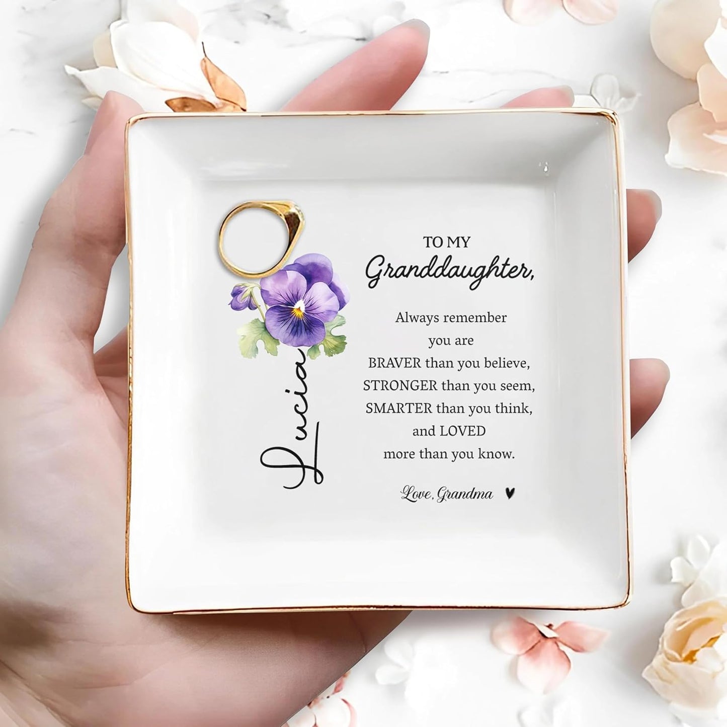 Always Remember You Are Braver Than You Believe Personalized Jewelry Dish, Custom Birth Month Flower Jewelry Dish TD0005