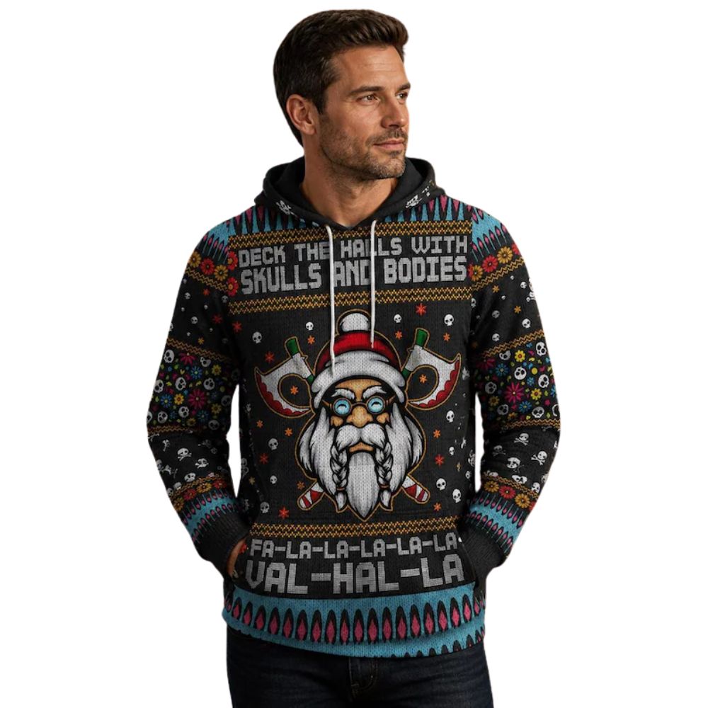 Viking Christmas Ugly Hoodie Deck The Halls With Skull And Bodies, Funny Viking Xmas Hoodies 2D1112