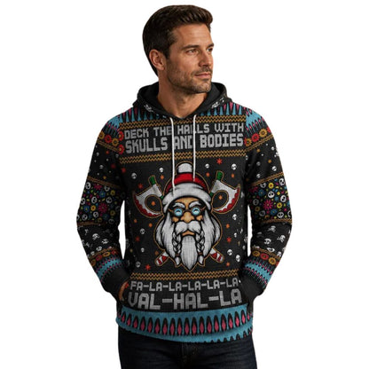 Viking Christmas Ugly Hoodie Deck The Halls With Skull And Bodies, Funny Viking Xmas Hoodies 2D1112