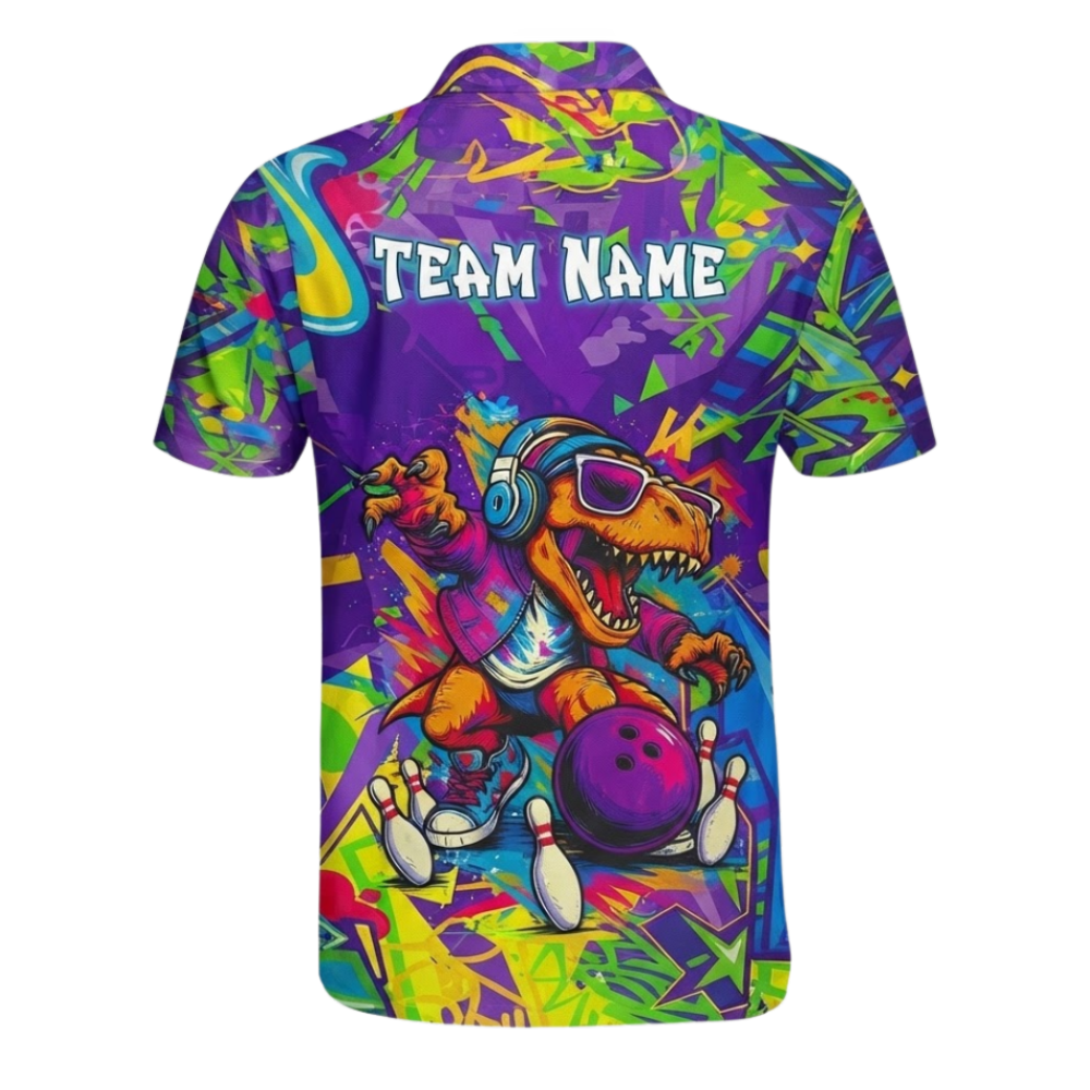 Custom T-Rex Dinosaur Graffiti Bowling Mens Polo Shirt, Custom Dinosaur Bowling Shirt For Team BZ0934