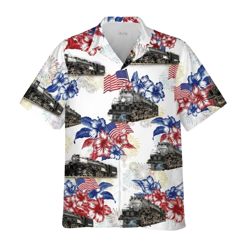 Steam Train USA Flag Floral Hawaiian Shirt For Men Women, Tropical Steam Train Hawaiian Shirts HE0542