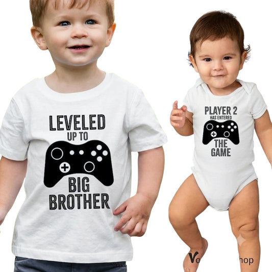 Leveled Up To Big Brother Player 2 Has Entered The Game Matching Baby Reveal Sibling T Shirt, Gamer Pregnancy Announcement Sibling Matching Shirts ET1022