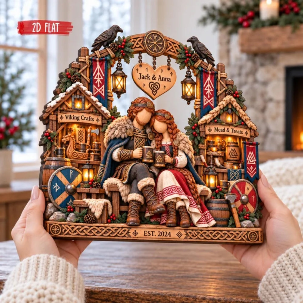 Viking Couple Custom Name Layer Wooden Plaque, Personalized Nordic Weeding Keepsake Wooden Block WD0938