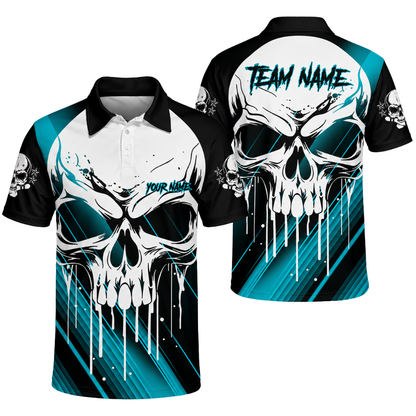 Custom Skull Men's Black Blue Bowling Polo Shirt, Custom Team Skull Bowling Shirts BZ0469