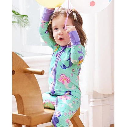Mermaid Blue Baby Girl Convertible Zip Romper, Mermaid Convertible Romper For Baby BB0377