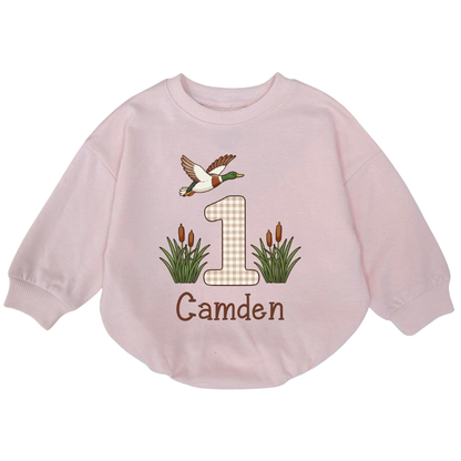 Custom One Mallard Duck Baby Romper Sweatshirt, Custom First Birthday Mallard Duck Baby Romper Sweatshirt BB0852