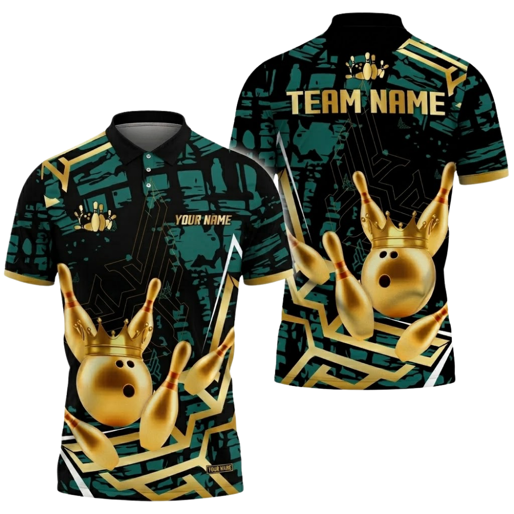 Golden Pins And Ball Custom Mens Bowling Polo Shirt, Custom Team Bowling Shirts BZ0752